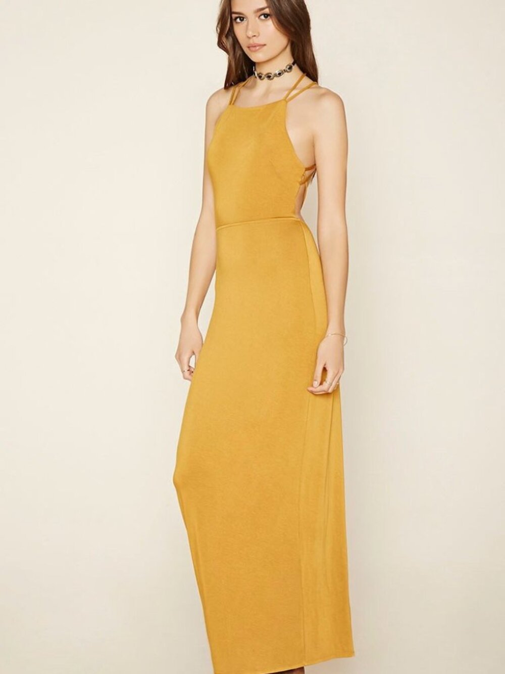 Forever 21 Mustard High-slit Strappy Maxi Dres Medium M
